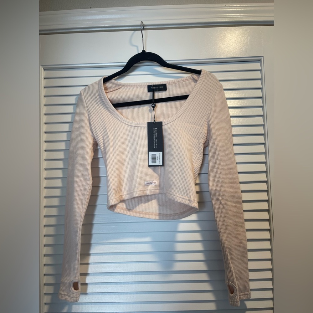 White Fox Boutique Follow Through Waffle Long Sleeve Crop Oatmeal in Medium